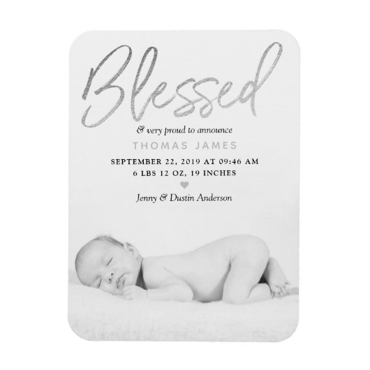 "Blessed" Silver Foil Foto geboorteaankondiging Magneet (Verticaal)