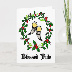 Blessed Yule Holly Wreath met Drink Horns Holi Feestdagen Kaart