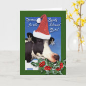 Blessed Yule, Winter Solstice, Cow in Santa Hat Kaart (Gele Bloem)