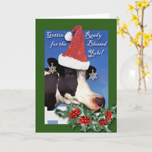 Blessed Yule, Winter Solstice, Cow in Santa Hat Kaart (Gele Bloem)