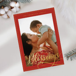 Blessenaar Elegant Script Calligraphy Family Foto Folie Feestdagenkaart