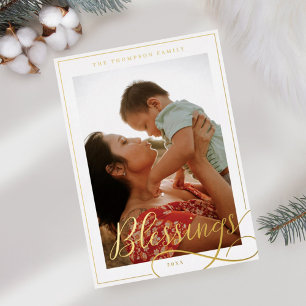 Blessenaar Elegant Script Calligraphy Family Foto Folie Feestdagenkaart