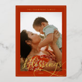 Blessenaar Elegant Script Calligraphy Family Foto Folie Feestdagenkaart (Voorkant)