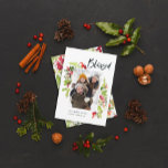 Blessenblad 1 foto kerstmis rood feestdagenkaart<br><div class="desc">Gezegelde rode groene waterverf met kerstfeestkaart. Mooie waterverf schilderde bladeren en moderne scripttekst. Een deel van een collectie.</div>