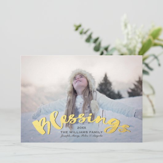 Blessings Faux Gold Script Holiday-kerstfoto Feestdagenkaart (Staand voorkant)