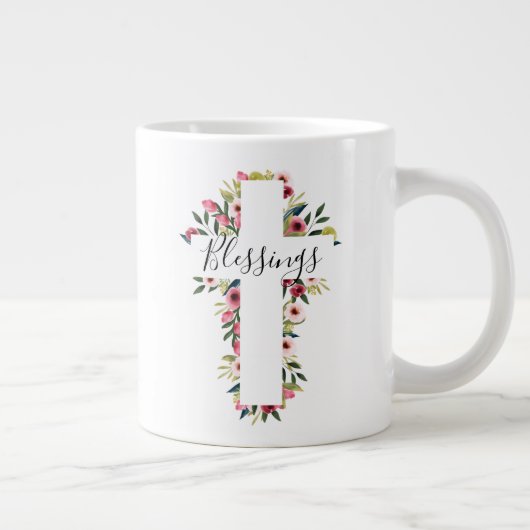 Blessings Floral Waterverf Religieuze Kruis Grote Koffiekop (Rechts)