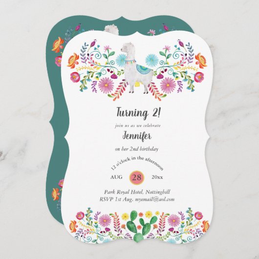 Blij 2e verjaardagsfeest meisje FIESTA LLAMA Bloem Kaart (Voorkant / Achterkant)