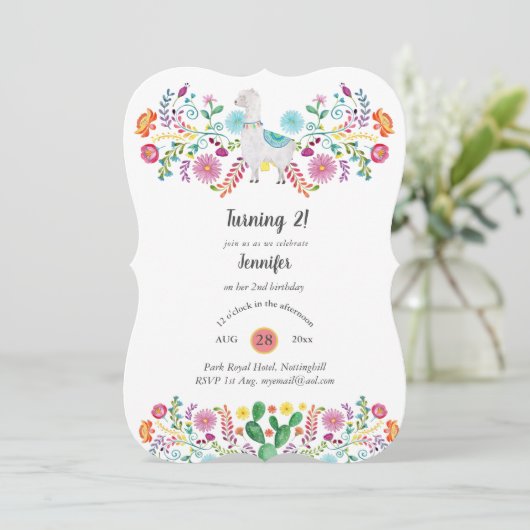 Blij 2e verjaardagsfeest meisje FIESTA LLAMA Bloem Kaart (Staand voorkant)