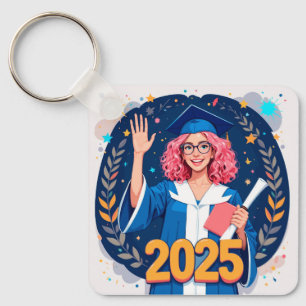 Blij afgestudeerde van 2025 viert prestatie sleutelhanger