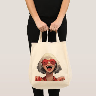 Blij Anime Meisje: Grijs Haar, Rode Bril, Rode Rob Tote Bag