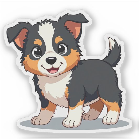 Blij Australian Shepherd Puppy – Chibi Kunst Sticker (Voorkant)