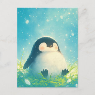 Blij baby-pinguïn in besneeuwde grazige weide briefkaart