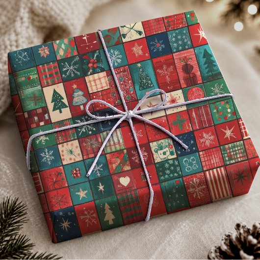 Blij Blauwe Rode Patchwork Kerstcadeau Verpakking Cadeaupapier
