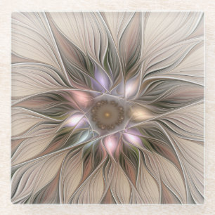 Blij Bloem Abstract Beige Bruin Bloemig Fractal Glazen Onderzetter