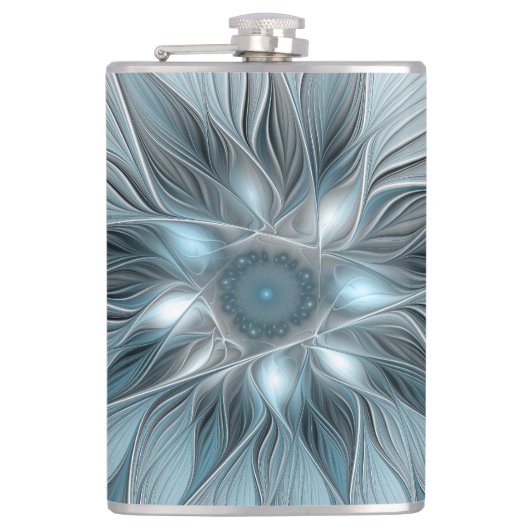 Blij Bloem Abstract Blauw Grijs Bloemig Fractal Heupfles (Voorkant)
