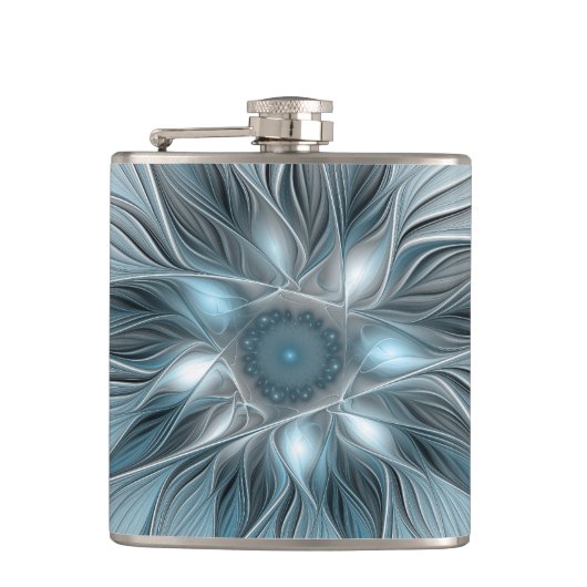 Blij Bloem Abstract Blauw Grijs Bloemig Fractal Heupfles (Voorkant)