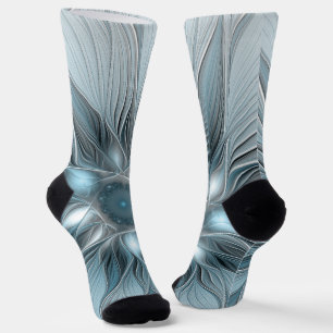 Blij Bloem Abstract Blauw Grijs Bloemig Fractal Sokken