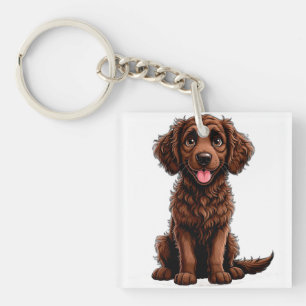 Blij Cartoon Krulharige Retriever Puppy Lachend Sleutelhanger