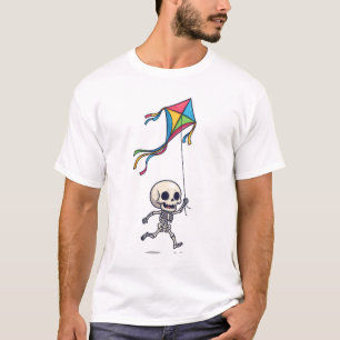 Blij Chibi-skelet loopt met kleurrijke vlieger T-shirt