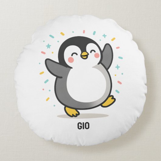 blij dansende Pinguïn Aangepaste Kinderen Illustra Rond Kussen (Voorkant)