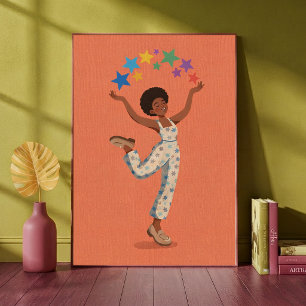 Blij Dansende Vrouw met Kleurrijke Sterren Kunstpr Poster