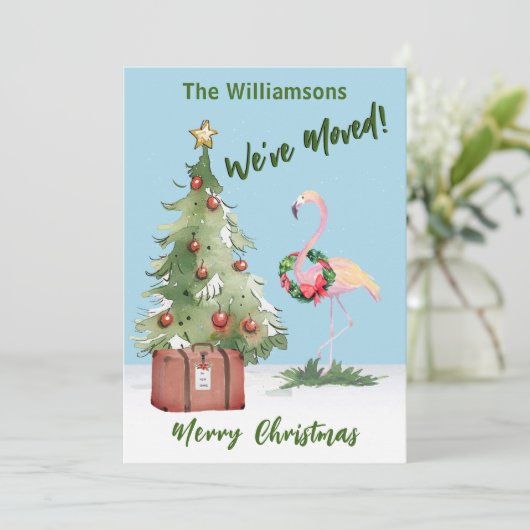 Blij dat we Flamingo kerstboom hebben verplaatst Aankondiging (Staand voorkant)