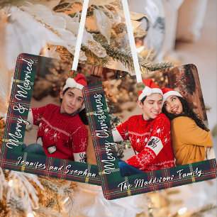Blij en getrouwd Schotse ruit Familie Foto Metalen Ornament