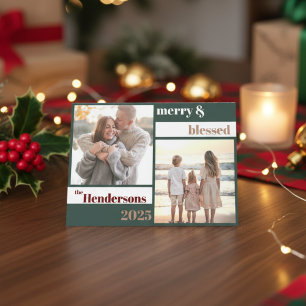 Blij Gelukkig Gezegende Familie Kerst Foto Groen Feestdagen Kaart