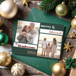 Blij Gelukkig Gezegende Familie Kerst Foto Groen Feestdagenkaart