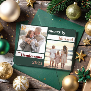 Blij Gelukkig Gezegende Familie Kerst Foto Groen Feestdagenkaart