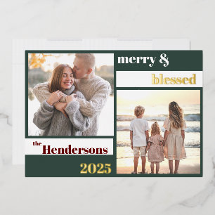 Blij Gelukkig Gezegende Familie Kerst Foto Groen Folie Feestdagenkaart
