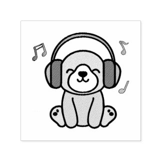 Blij glimlachende babyhond puppy met koptelefoon.  zelfinktende stempel