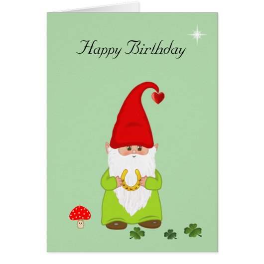 Blij Gnome met Hoefijzer op Groene Verjaardagskaar (Voorkant)