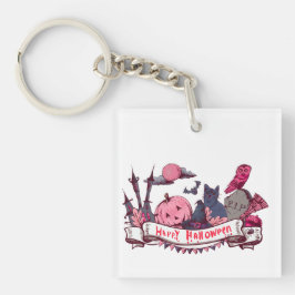 Blij Halloween-spandoek met kasteel, pompoen, zwar Sleutelhanger
