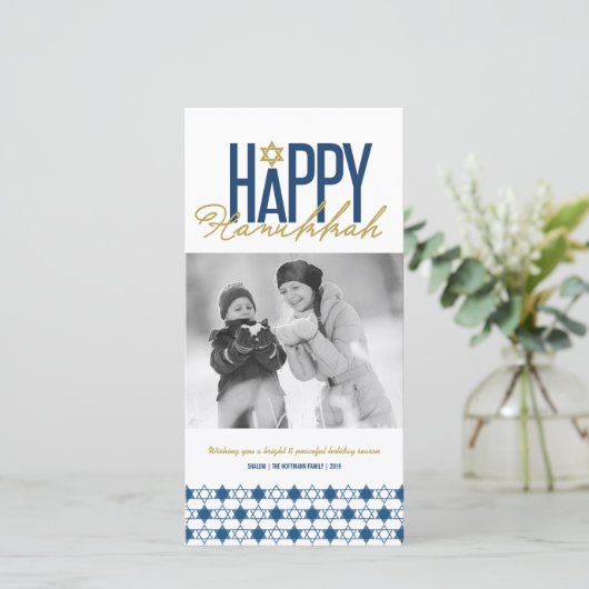Blij Hanukkah Typografie Ster Van David Foto Feestdagenkaart (Staand voorkant)