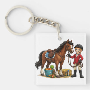 Blij Jonge Ruiter Met Mooie Paard Cartoon T-Shirt Sleutelhanger