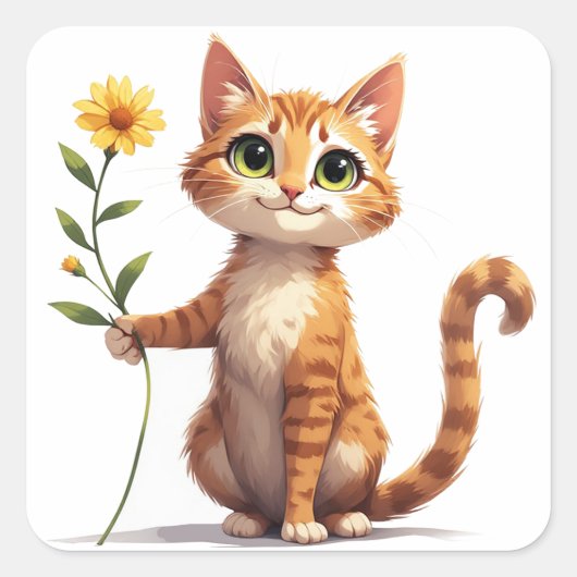 Blij Katje met Gele Bloem 🌺 Vierkante Sticker (Voorkant)