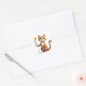 Blij Katje met Gele Bloem 🌺 Vierkante Sticker (Envelop)