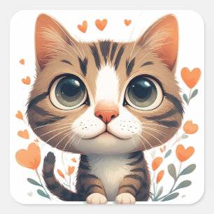 Blij Katje Omringd Door Harten En Bloemen 🌸 Vierkante Sticker