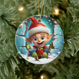 Blij Kerst Elf die van de winter geniet. Keramisch Ornament