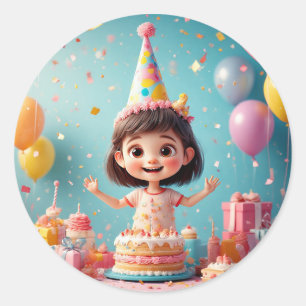 Blij kind dat verjaardag viert met cake ronde sticker