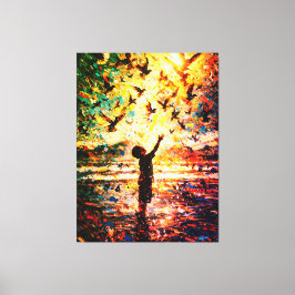 Blij kind speelt met vogels zonsopgang water canvas afdruk