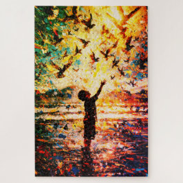 Blij kind speelt met vogels zonsopgang water legpuzzel