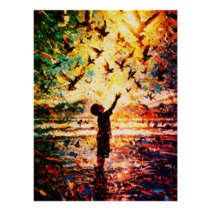 Blij kind speelt met vogels zonsopgang water perfect poster