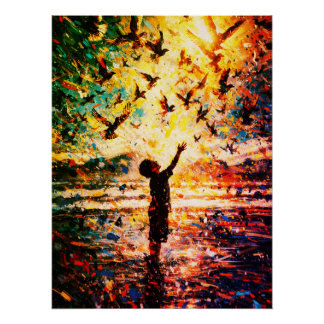 Blij kind speelt met vogels zonsopgang water perfect poster