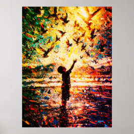 Blij kind speelt met vogels zonsopgang water poster