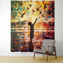 Blij kind speelt met vogels zonsopgang water wandkleed