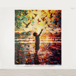 Blij kind speelt met vogels zonsopgang water wandkleed