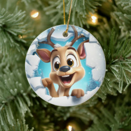 Blij klein rendier genietend van de winter. keramisch ornament