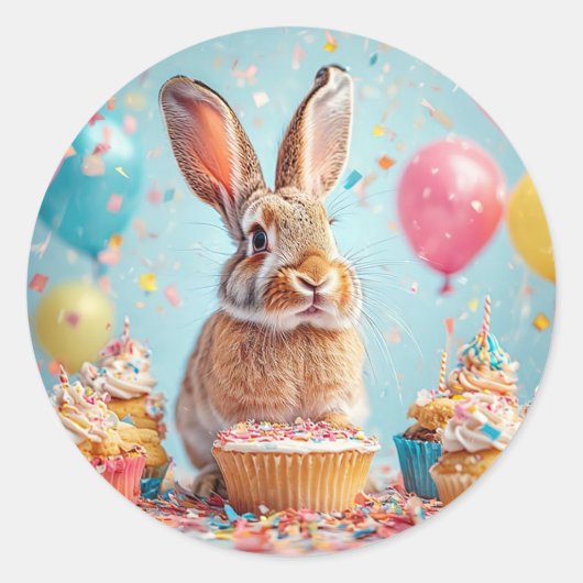 Blij Konijn dat Feest viert met Cupcakes Ronde Sticker (Voorkant)